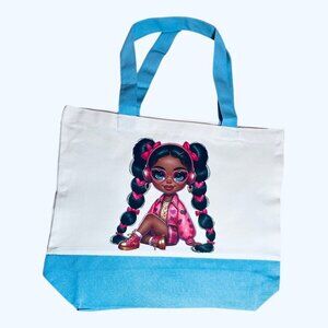 Large Canvas Tote Bag with Cute Girl Art | Hand Pressed | New | 17” x 14”